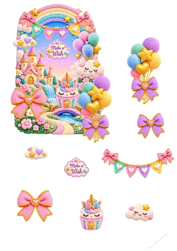 Cute Knitted Magical Castle Make a Wish 3D Decoupage A4 Sheet JPEG