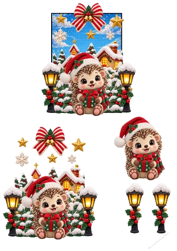 Cute Knitted Christmas Hedgehog 3D Decoupage A4 Sheet JPEG