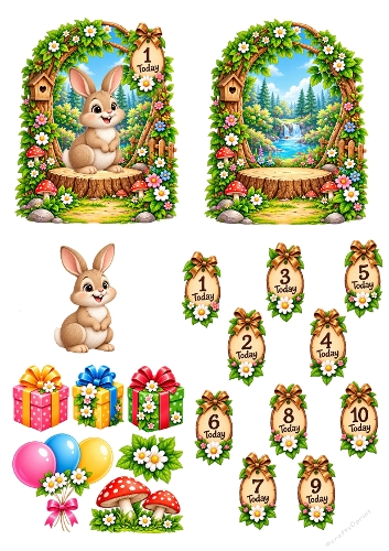 Cute Bunny Woodland Birthday Age 1-10 3D Decoupage A4 Sheet JPEG