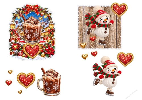 Christmas Hot Chocolate and Ice Skating Snowman 3D Decoupage A4 Sheet JPEG