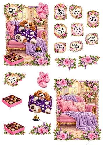Cute Dog Pampered Lounge Get Well Soon 3D Decoupage A4 Sheet JPEG
