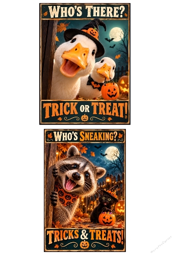 Cute Halloween Ducks and Raccoon Trick or Treat Sign Cards A4 Sheet JPEG