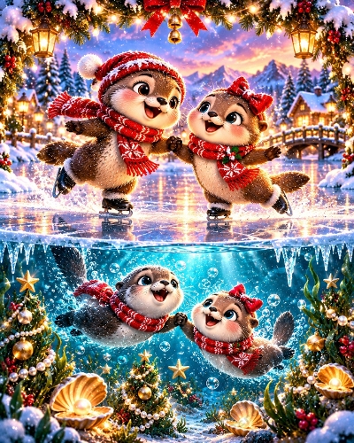 Cute Otters Ice Skating and Swimming Winter Christmas Illustration 1122x1402px JPEG