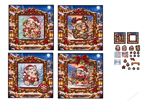 Cute Christmas Animals 3D Decoupage Card Kit A4 Sheet JPEG