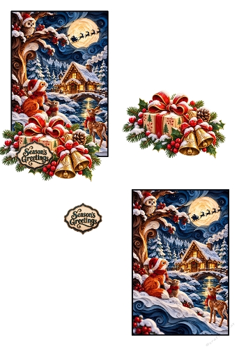 Woodland Animals Christmas Night Santa Sleigh 3D Decoupage A4 Sheet JPEG
