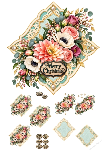 Elegant Floral Christmas Ornament Frame 3D Decoupage A4 Sheet JPEG