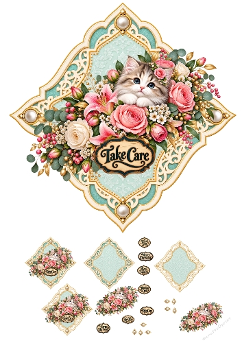 Cute Kitten Floral Ornament Frame 3D Decoupage A4 Sheet JPEG