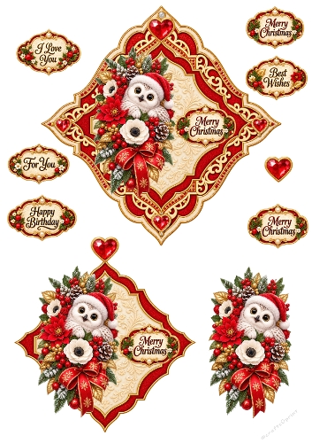Cute Christmas Owl Red Floral Frame 3D Decoupage A4 Sheet JPEG