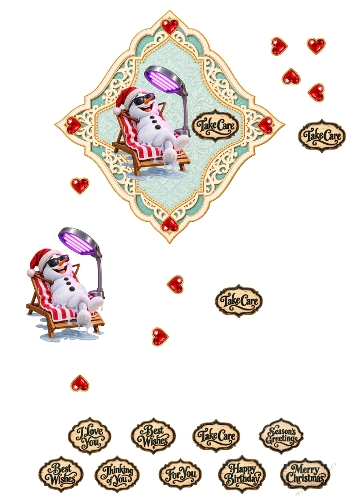 Funny Tanning Snowman Ornament Frame 3D Decoupage A4 Sheet JPEG