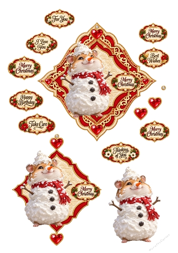 Cute Hamster Whipped Cream Snowman Christmas 3D Decoupage A4 Sheet JPEG