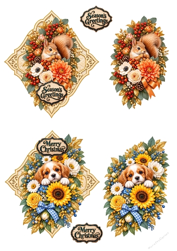 Cute Squirrel & Puppy Floral Frame 3D Decoupage A4 Sheet JPEG
