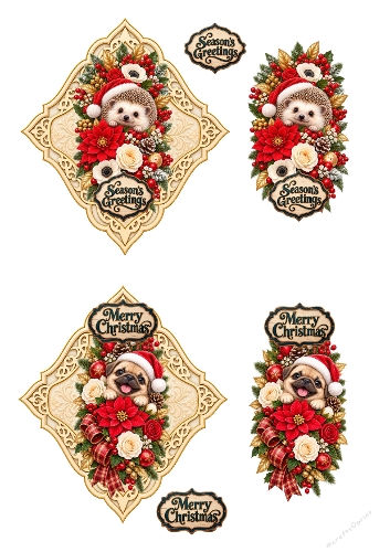 Cute Hedgehog & Pug Christmas Floral Frame 3D Decoupage A4 Sheet JPEG