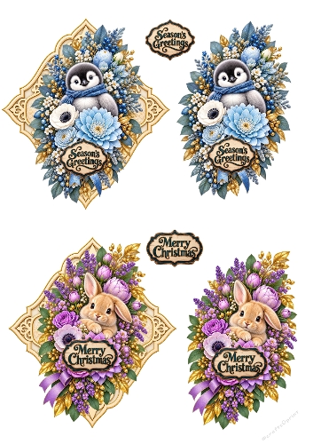 Cute Penguin & Bunny Floral Frame 3D Decoupage A4 Sheet JPEG