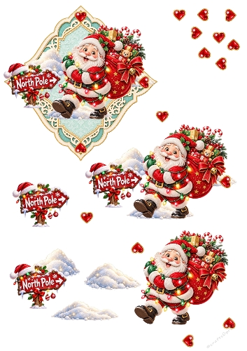Jolly Santa Claus North Pole Sign 3D Decoupage A4 Sheet JPEG