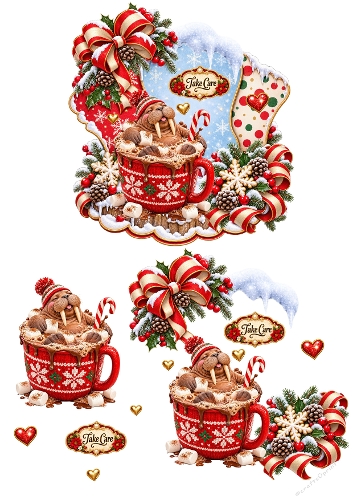 Cute Walrus Hot Chocolate Christmas Stocking 3D Decoupage A4 Sheet JPEG