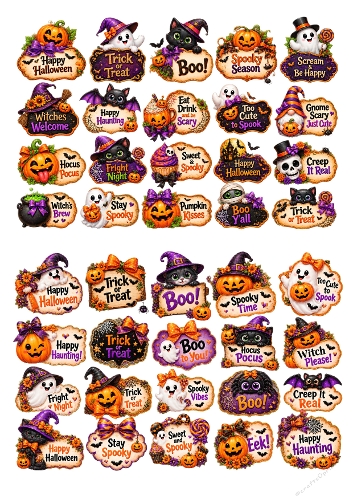 Cute Halloween Sentiments Plaques & Labels Decoupage A4 Sheet JPEG