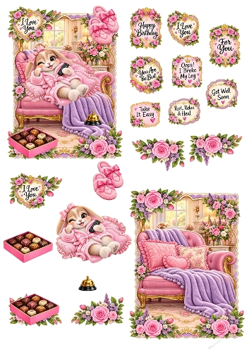 Cute Bunny Relaxing Sofa Get Well Soon 3D Decoupage A4 Sheet JPEG