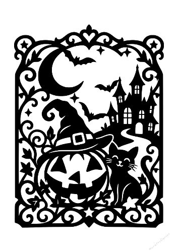Spooky Halloween Cat Pumpkin Castle Frame Cut File