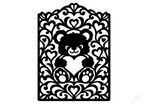 Cute Teddy Bear Holding Heart Filigree Card Cut File