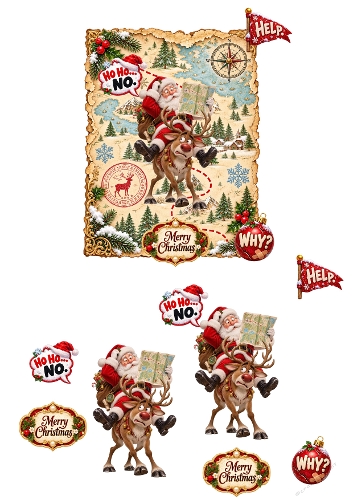 Lost Santa Claus Reindeer Map Funny Christmas 3D Decoupage A4 Sheet JPEG