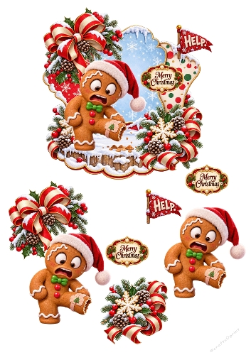 Funny Gingerbread Man Broken Leg Christmas 3D Decoupage A4 Sheet JPEG