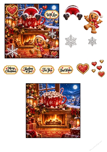 Funny Santa Hot Chocolate Gingerbread Man Christmas 3D Decoupage A4 Sheet JPEG