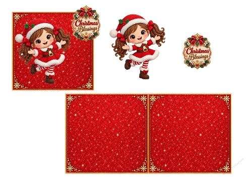 Cute Crochet Santa Girl Christmas Blessings 3D Decoupage Card Kit A4 Sheet JPEG