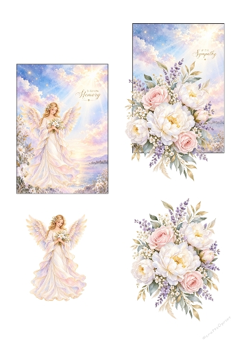 Sympathy Angel Floral Watercolor 3D Decoupage A4 Sheet JPEG