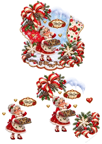 Funny Mrs Claus Christmas Cookie Baking 3D Decoupage A4 Sheet JPEG