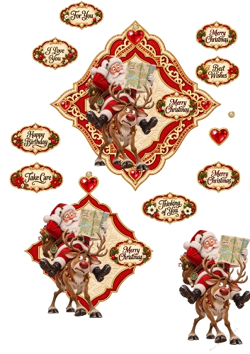 Funny Santa Lost Map Reindeer 3D Decoupage A4 Sheet JPEG