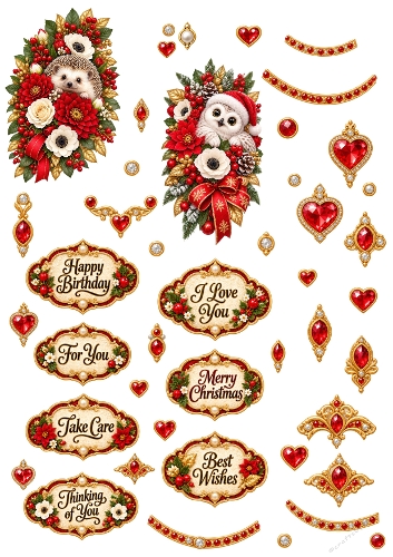 Christmas Animals Hedgehog Snowy Owl Floral 3D Decoupage A4 Sheet JPEG