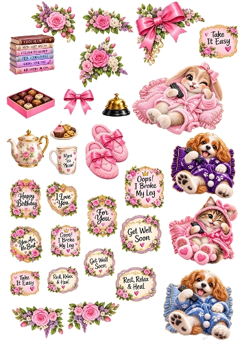 Get Well Soon Relaxation Cute Animals Pamper Day 3D Decoupage A4 Sheet JPEG