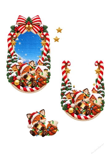 Cute Christmas Fox String Lights Knitted Arch 3D Decoupage A4 Sheet JPEG