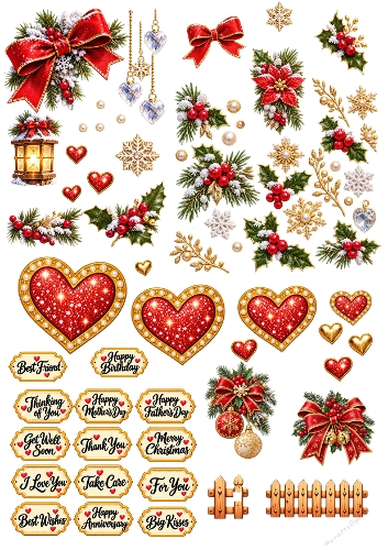 Christmas Holly Red Glitter Hearts Elements 3D Decoupage A4 Sheet JPEG