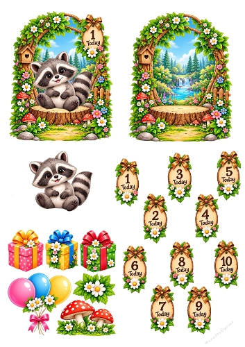 Cute Raccoon Woodland Birthday Arch 3D Decoupage A4 Sheet JPEG