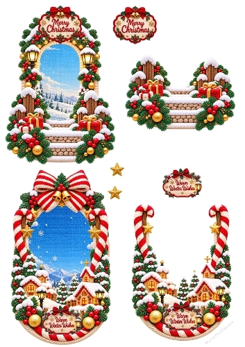 Christmas Knitted Village Arch Card Templates 3D Decoupage A4 Sheet JPEG