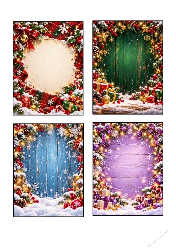 Christmas Card Backgrounds Kit Rustic Wood Tartan Borders A4 Sheet JPEG