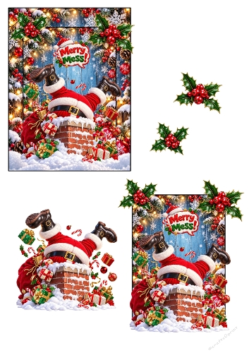 Funny Santa Stuck Chimney Merry Mess 3D Decoupage A4 Sheet JPEG