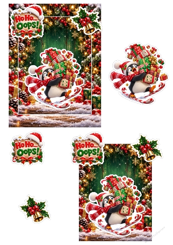 Funny Penguin Ice Skating Presents Ho Ho Oops 3D Decoupage A4 Sheet JPEG