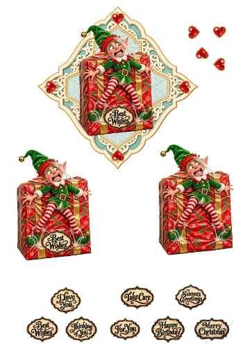 Funny Christmas Elf Taped Present Gift Box 3D Decoupage A4 Sheet JPEG