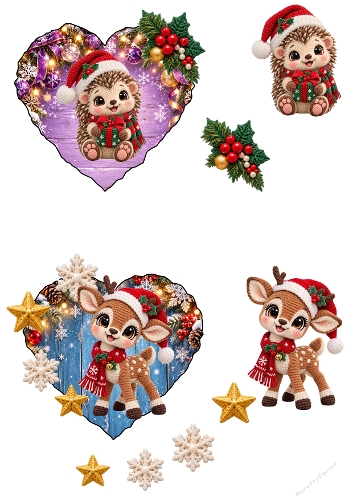 Cute Christmas Crochet Reindeer Hedgehog Heart Toppers 3D Decoupage A4 Sheet JPEG