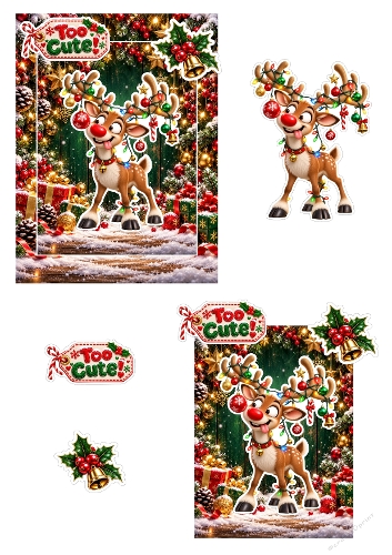 Funny Christmas Reindeer Tangled Lights Too Cute 3D Decoupage A4 Sheet JPEG