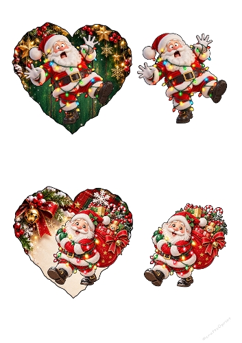 Funny Santa Christmas Lights Heart Toppers 3D Decoupage A4 Sheet JPEG