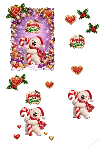 Cute Christmas Polar Bear Candy Cane Naughty but Sweet 3D Decoupage A4 Sheet JPEG