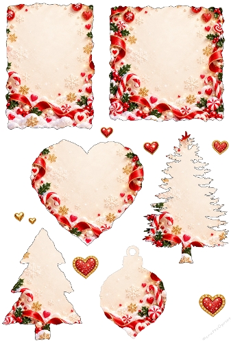 Red Christmas Card Backgrounds Shapes Tree Bauble Heart A4 Sheet JPEG
