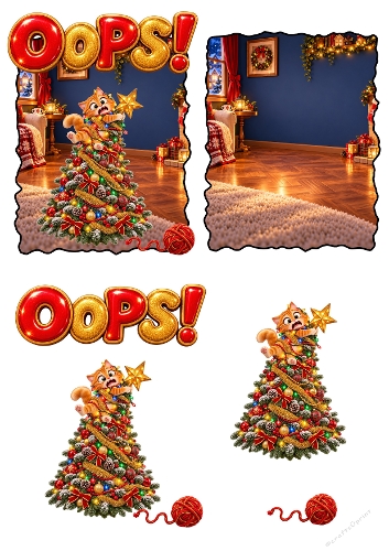 Funny Christmas Cat Stuck Tree Oops 3D Decoupage A4 Sheet JPEG