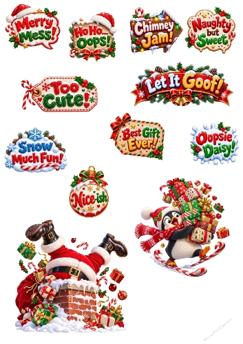 Funny Christmas Sentiments Funny Santa Penguin Elements 3D Decoupage A4 Sheet JPEG