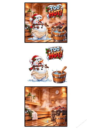 Funny Snowman Sauna Melting Too Hot 3D Decoupage A4 Sheet JPEG