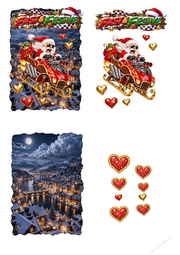 Funny Cool Santa Hot Rod Sleigh Fast and Festive 3D Decoupage A4 Sheet JPEG