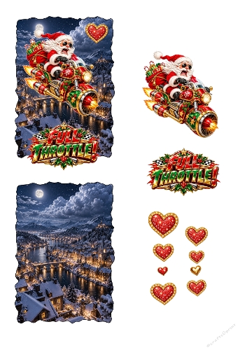 Funny Biker Santa Rocket Motorcycle Full Throttle 3D Decoupage A4 Sheet JPEG